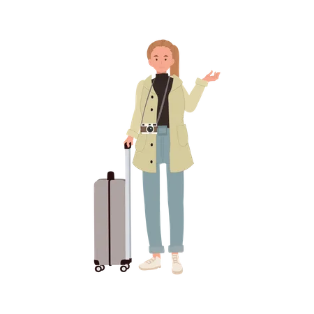 Travel woman with Carry On Luggage, Tourist with Carry On BaggageGirl with travel bag  Illustration