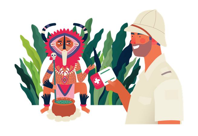 Traveler applying to a shaman healer for medical help Illustration