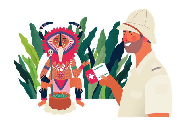 Traveler applying to a shaman healer for medical help  Illustration