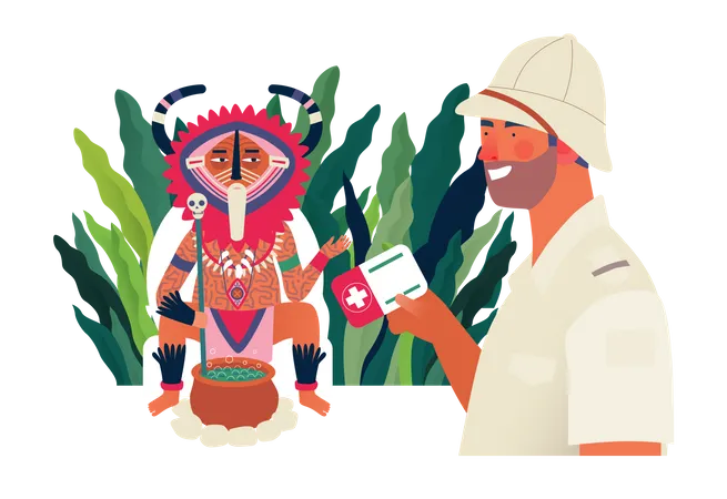 Traveler applying to a shaman healer for medical help  Illustration