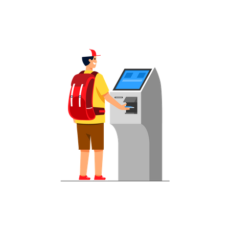 Traveler buying trip ticket with automatic contactless cashier machine.  Illustration
