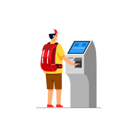 Traveler buying trip ticket with automatic contactless cashier machine.  Illustration