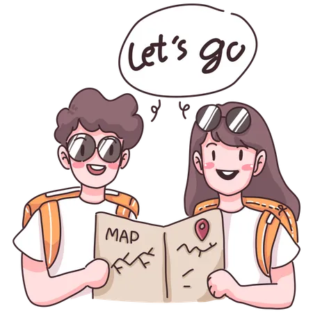 Young Traveler Couple Checking Map Before Has Journey Together In Cartoon Character Flat Vector Illustration Illustration