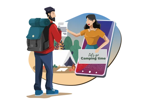 Traveler get customer support in forest or camping via smartphone Illustration