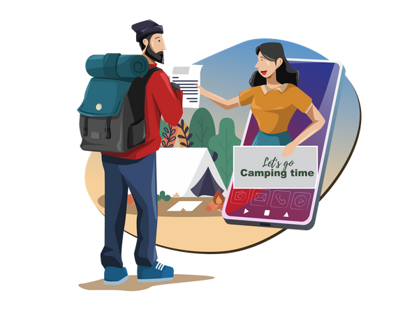 Traveler get customer support in forest or camping via smartphone  Illustration