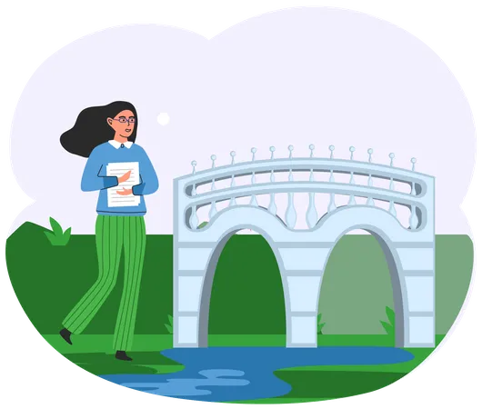 Traveler Holds Paper And Walks In Famous Places Of Busan Woman With Glasses On Excursion In South Korea Gir Is Resting On Background Of Green Grass And River In Park Person Travels In Korean City Illustration