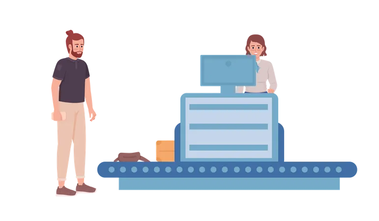 Traveler Going Through Check In Baggage In Airport Semi Flat Color Vector Characters Editable Full Body People On White Simple Cartoon Style Illustration For Web Graphic Design And Animation Illustration