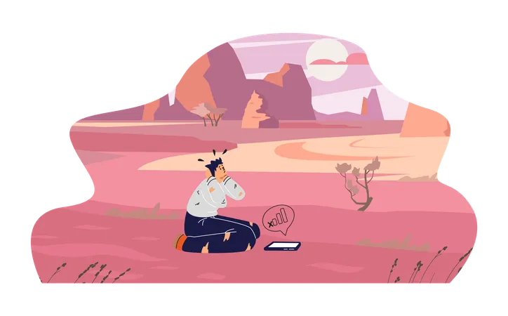 Traveler guy holding his head, going through a loss of telephone connection  Illustration