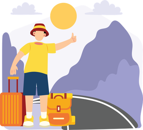 Traveler hitchhiking on mountain road  Illustration