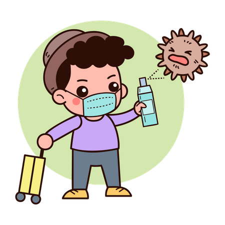 Traveler in Medical Mask with luggage and Spray in Attempt to Fight with Covid19 Virus Cells Attack  Illustration