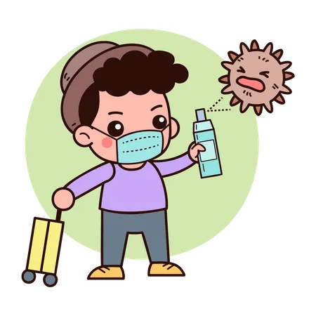 Traveler in Medical Mask with luggage and Spray in Attempt to Fight with Covid19 Virus Cells Attack  Illustration