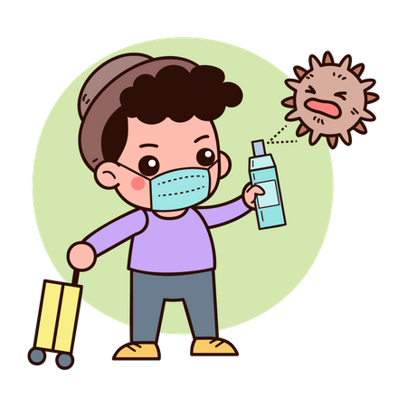 Traveler in Medical Mask with luggage and Spray in Attempt to Fight with Covid19 Virus Cells Attack Illustration