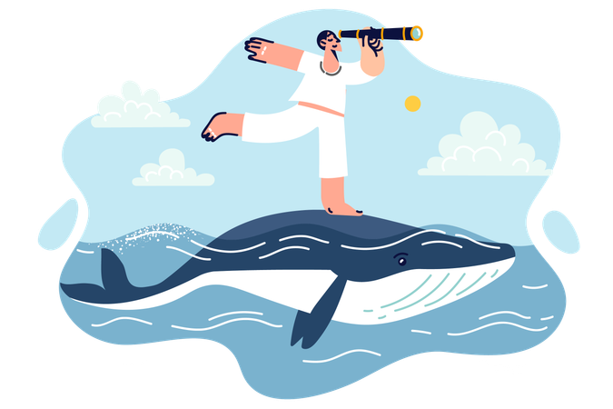 Traveler is looking for adventures by crossing sea on huge whale  Illustration
