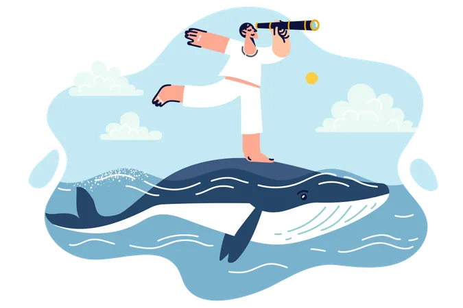 Traveler Is Looking For Adventures By Crossing Sea On Huge Whale And Holding Spyglass In Hand Curious Guy Traveler Crosses Ocean On Big Fish In Search Of Paradise Tropical Island イラスト