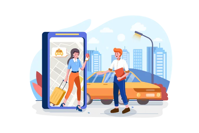 Traveler Lady ordering taxi from mobile application Illustration