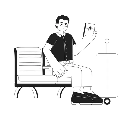 Optimistic Traveler Looking On Smartphone Monochromatic Flat Vector Character Editable Full Body Person Sitting On Wooden Bench On White Simple Bw Cartoon Spot Image For Web Graphic Design Illustration