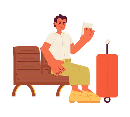 Optimistic Traveler Looking On Smartphone Semi Flat Color Vector Character Editable Full Body Person Sitting On Wooden Bench On White Simple Cartoon Spot Illustration For Web Graphic Design Illustration
