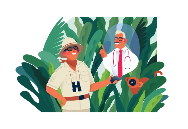 Traveler man talking online with a doctor  Illustration