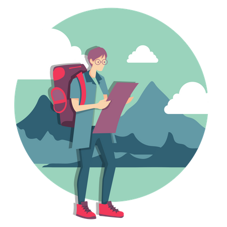 Traveler man with backpack looking at map Illustration