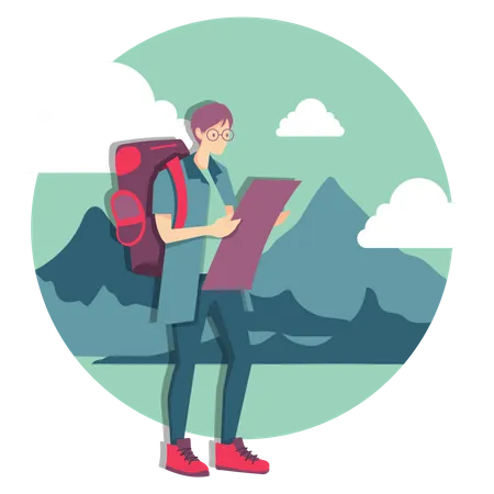 Traveler man with backpack looking at map  Illustration