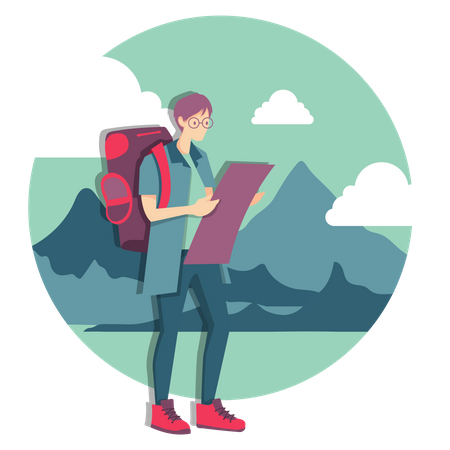 Traveler man with backpack looking at map  Illustration