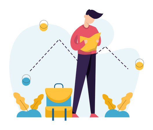 Traveler man with backpack looking at map  Illustration
