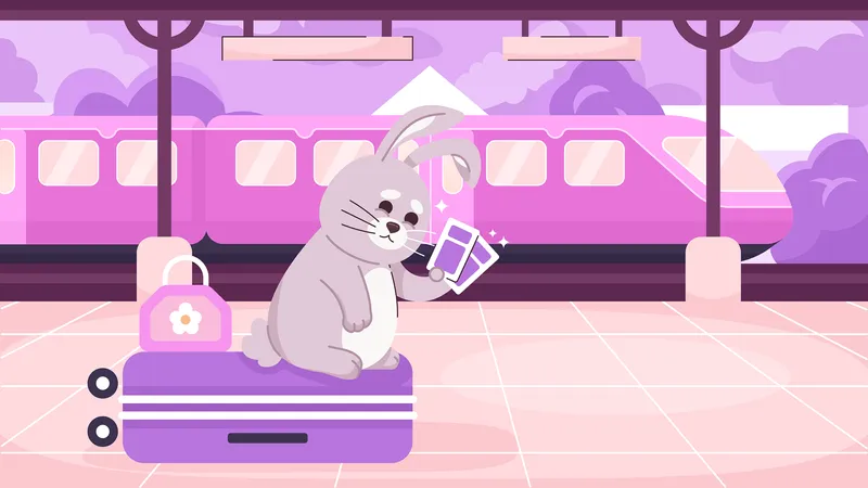 Traveler rabbit on platform  Illustration