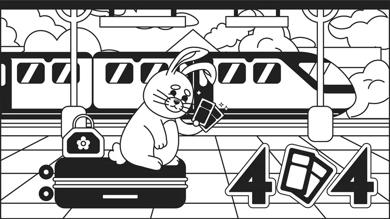Traveler Rabbit On Station Black White Error 404 Flash Message Luggage Bunny Tourist Monochrome Website Landing Page Ui Design Not Found Cartoon Kawaii Vibes Vector Flat Outline Illustration Illustration