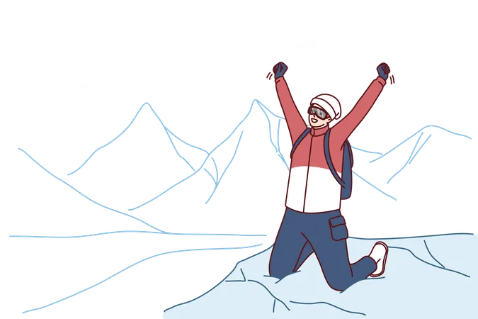 Inspired Traveler Man Stands On Mountaintop Rejoicing At Successful Climbing Everest Peak Or New World Record Male Tourist Raises Hands As Sign Of Victory After Climbing On Hard To Reach Place Illustration