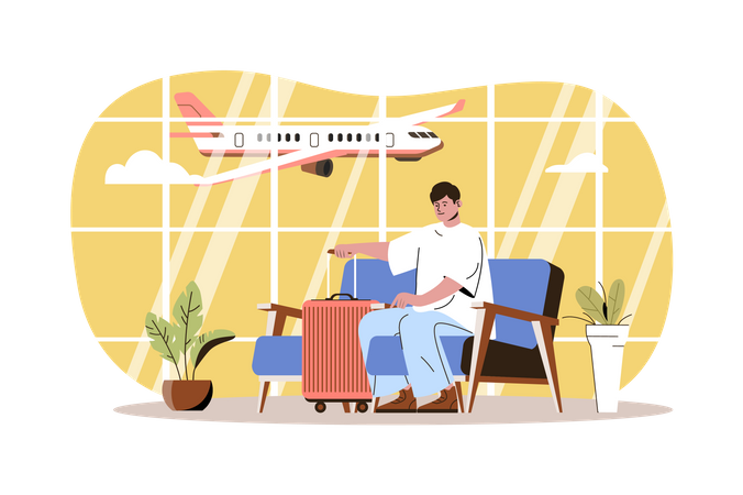 Traveler sitting in waiting room at airport terminal  Illustration