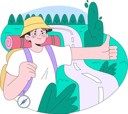 Traveler Standing By The Road With A Thumb Up  Illustration