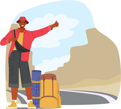 Traveler Standing By The Road With A Thumb Up  Illustration