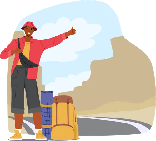 Lone Traveler Character With Backpack Standing By The Road With A Thumb Up In The Air Hoping For A Ride Concept Of Spontaneity Wanderlust And Travel Exploration Cartoon People Vector Illustration Illustration
