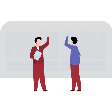 Traveler standing in bus by holding handles  Illustration