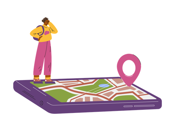 Traveler stands on a large phone with a map and a location sign  Illustration