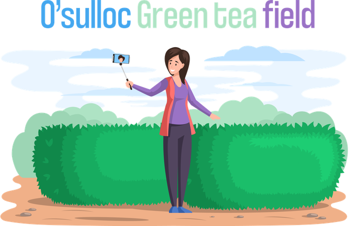 Traveler travelling in green tea field  Illustration