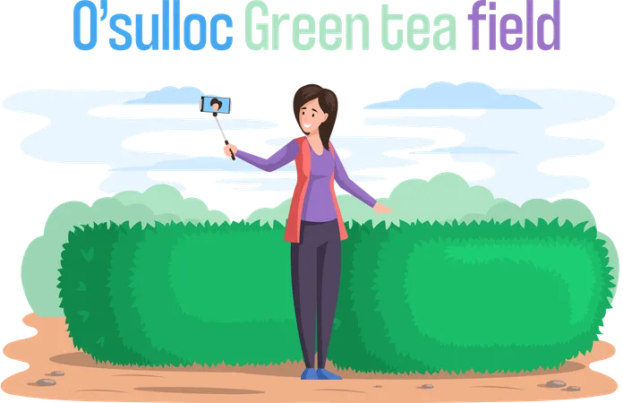 Traveler travelling in green tea field  Illustration