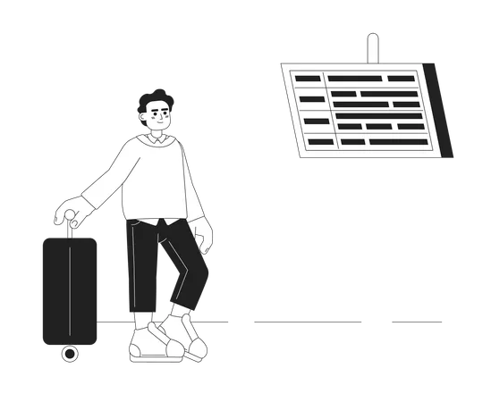 Hispanic Traveler With Suitcase Monochromatic Flat Vector Character Editable Full Body Person Looking On Display With Timetable On White Simple Bw Cartoon Spot Image For Web Graphic Design 일러스트레이션