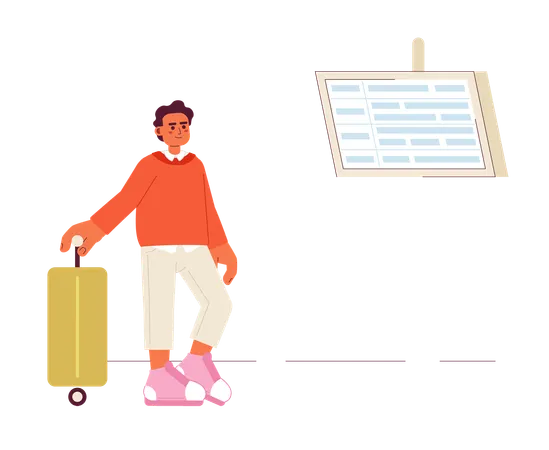 Traveler with suitcase standing at airport  Illustration