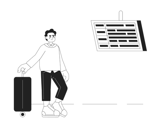 Traveler with suitcase standing at airport  Illustration