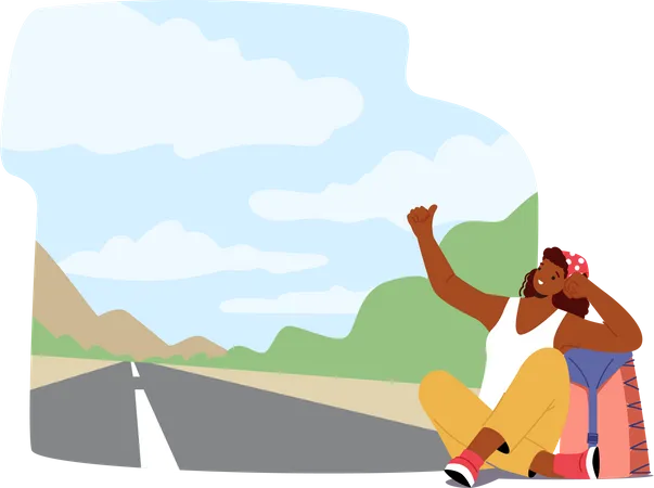 Traveler Woman With Backpack Sitting On The Side Of The Road With Thumb Out  Illustration