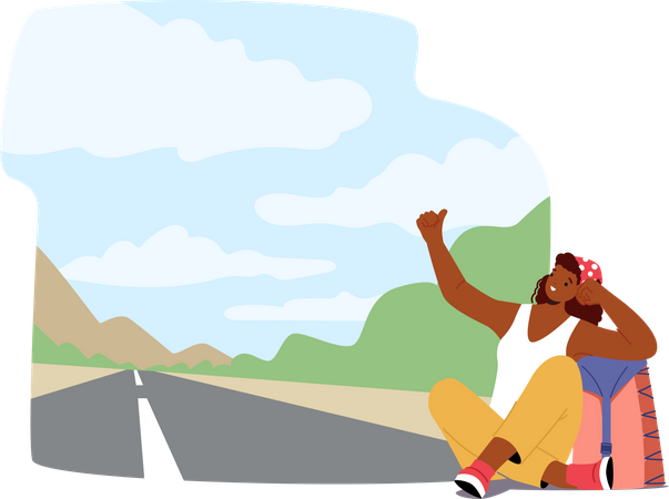 Traveler Woman With Backpack Sitting On The Side Of The Road With Thumb Out Illustration