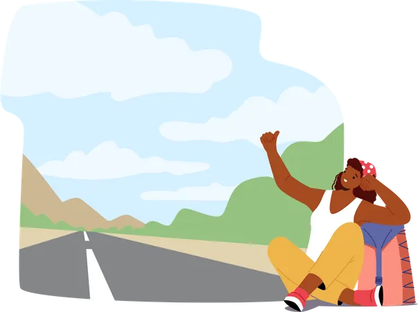 Traveler Woman With Backpack Sitting On The Side Of The Road With Thumb Out Illustration