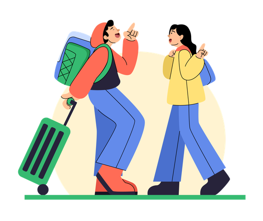 Travelers Chatting with Luggage in Hand  Illustration