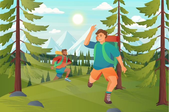 Travelers doing hiking  Illustration