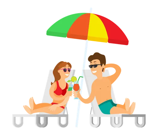 People Under Umbrella Vector Couple Drinking Cocktails Enjoying Exotic Life Man And Woman On Vacation Spending Time Together Beach Pair Lifestyle Illustration