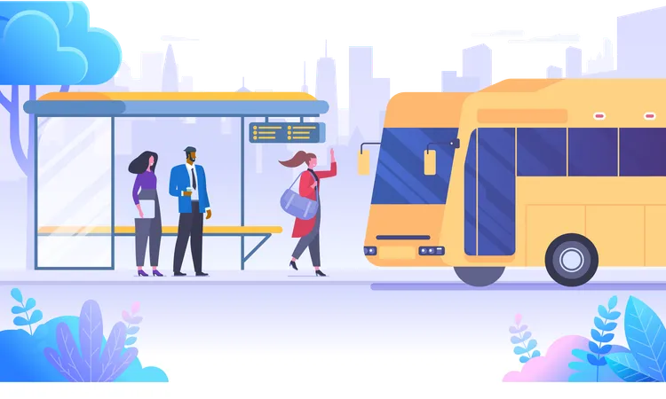 Passengers At Bus Stop Flat Banner Vector Template Commuters Waiting For Autobus Cartoon Characters Urban Transportation Means Public Transport On Skyscrapers Background City Infrastructure Illustration
