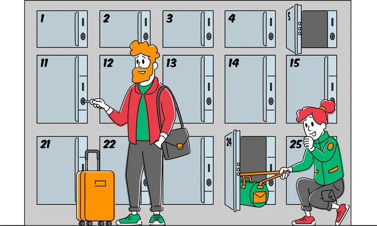 Travelers with Bags Use Luggage Storage Service Put Bags into Numbered Lockers with Keys in Airport or Supermarket  Illustration