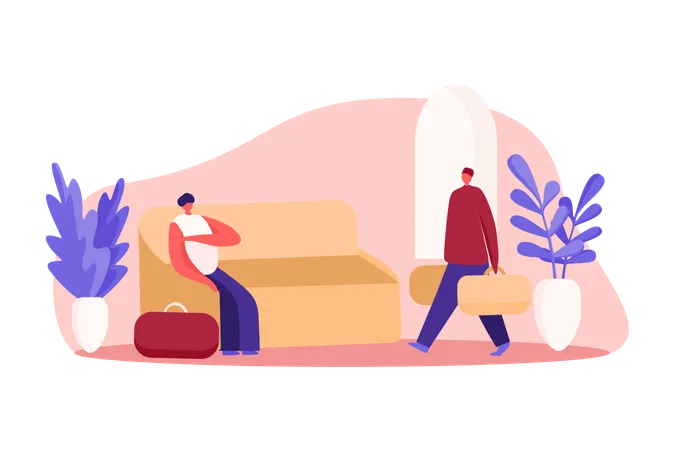 Travelers With Luggage Waiting For Registration Young Woman Sitting On Sofa Man Holding Baggage Guesthouse Lounge Zone People In Hotel Lobby Concept Cartoon Sketch Flat Vector Illustration 일러스트레이션