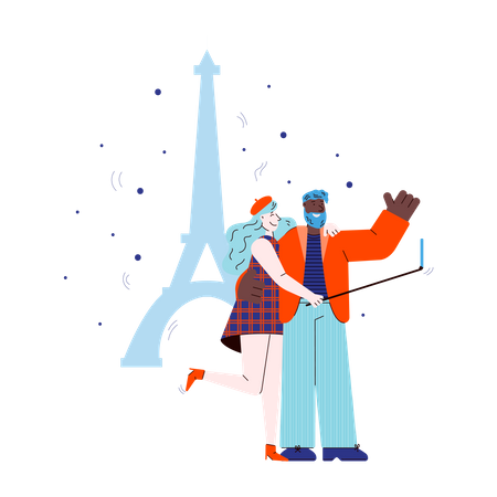 Traveling couple taking selfie with mobile device on Eiffel Tower backdrop  イラスト